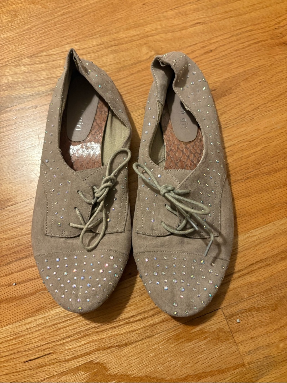 Madden Girl Taupe Suede Crystal Lace-Up Flats